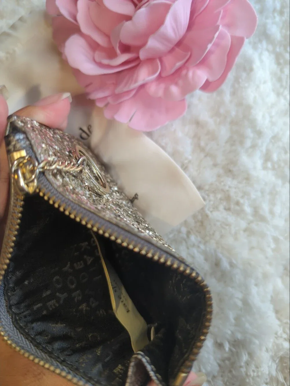 Kate Spade Glitter Rare Zip Coin Purse Wallet Card Holder Silver With Dust Bag